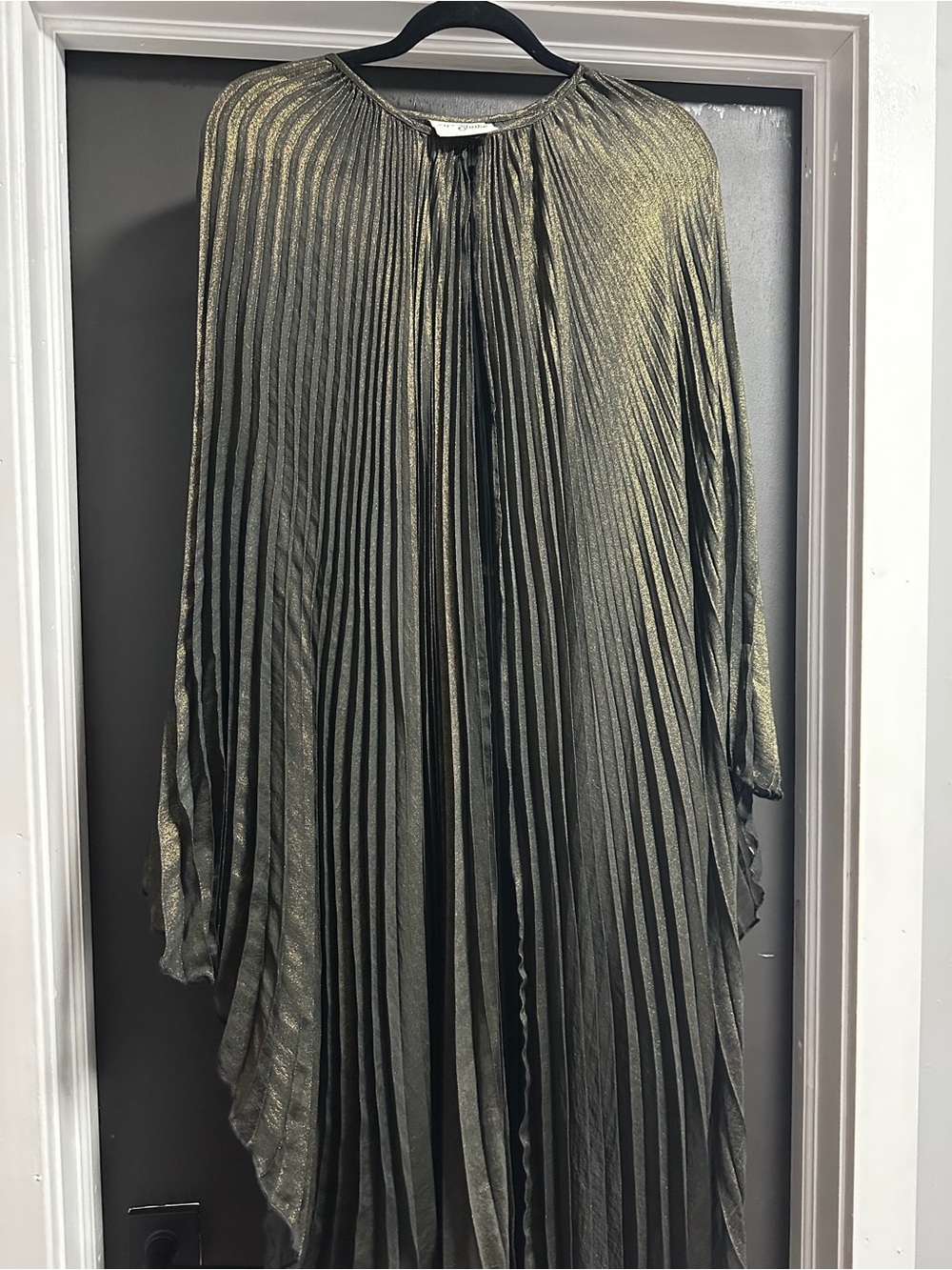 Pleated Metallic Olive Green Cape - Women's Coat